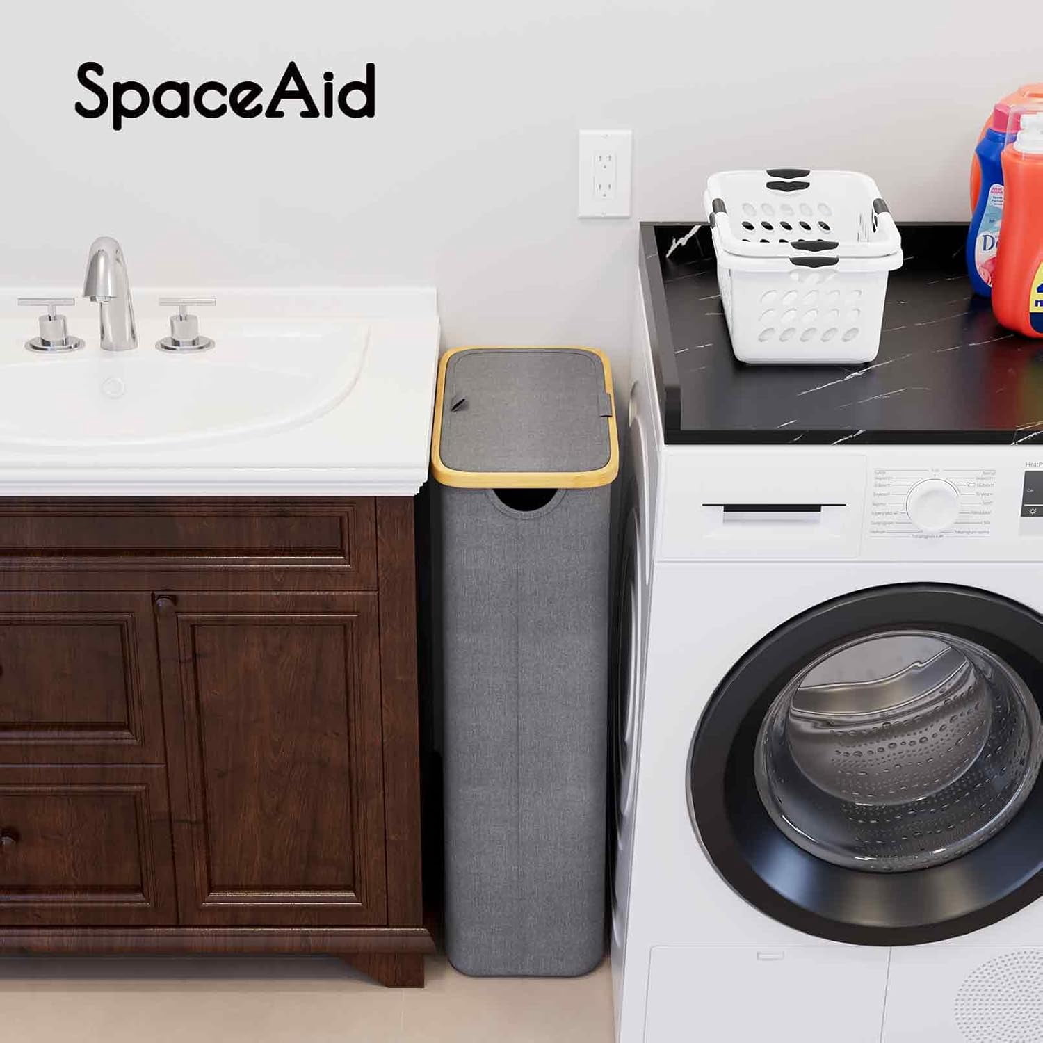 SpaceAid Slim Laundry Hamper with Lid, 65L Narrow Tall Clothes Basket Bin, Grey