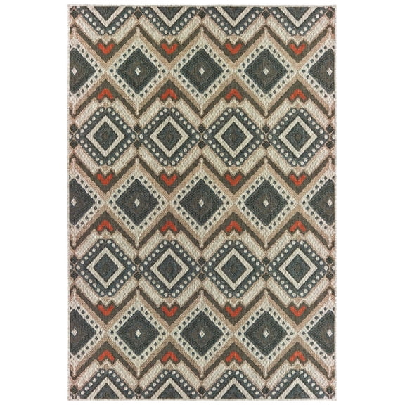 Oriental Weavers Latitude Indoor/Outdoor Rug - 002X3 - 9'10" x 12'10" - in Gray/ Orange - Tribal Influnced Style, Water, Stain and Fade Resistant, Hose Clean, Patio, Outdoor Living Area Rug