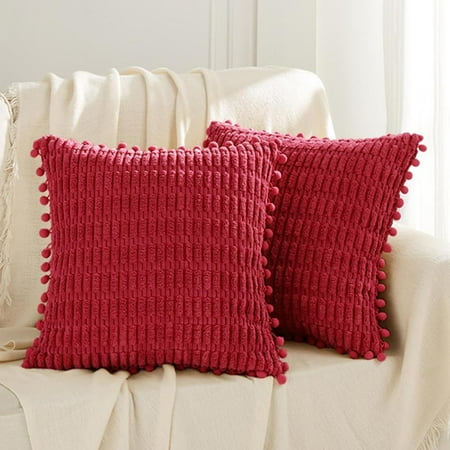 

Fancy Homi 2 Packs Red Euro Decorative Throw Pillow Covers 16x16 Inch with Pom-poms for Couch Bed Sofa Rustic Farmhouse Boho Home Decor Soft Striped Corduroy Accent Square Cushion Case 16x16