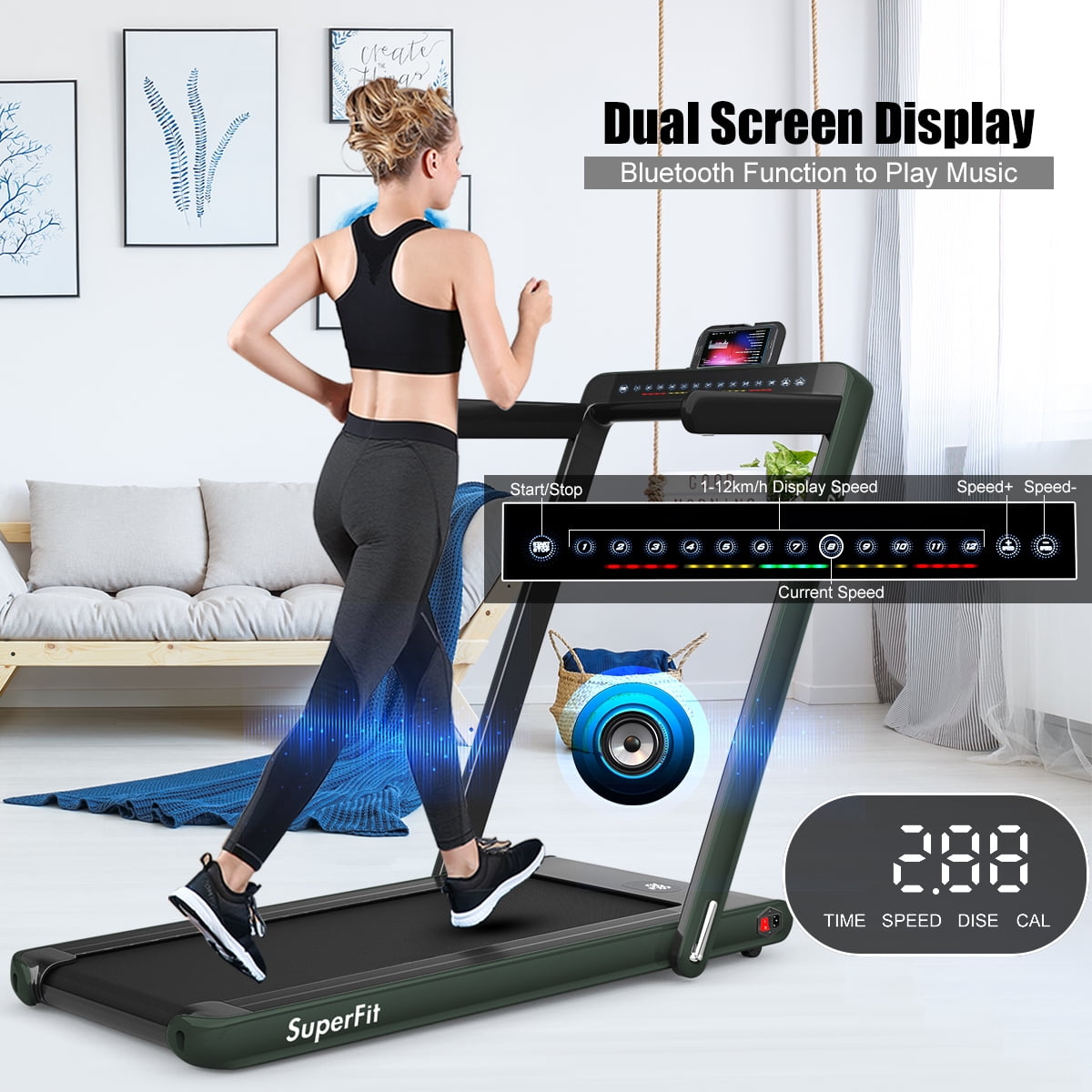 Gymax 2 in 1 Folding Treadmill 2.25HP Running Machine w Dual Display Green