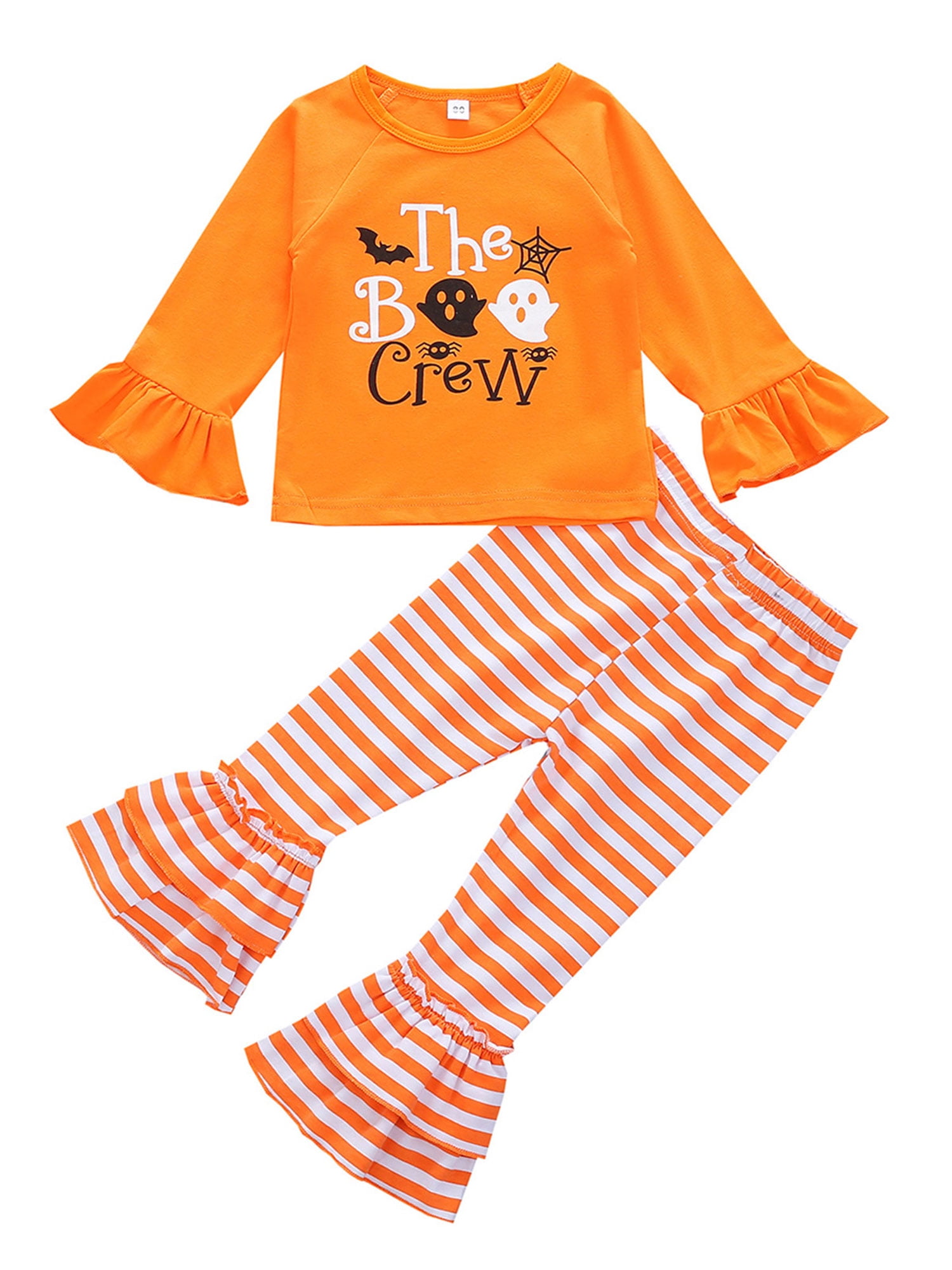 kaiCran Baby Boys Girls Short Sleeve Halloween Letter Cartoon Printed Tops Striped Pants Halloween Clothes Outfits Set
