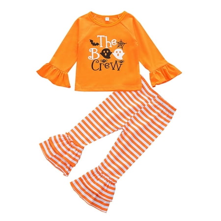 

CenturyX Toddler Baby Girls Halloween Outfit Ghost Ruffle Long Sleeve Shirt Tops + Striped Bell Bottoms Pants 2Pcs Clothes Set Orange 3-4 Years
