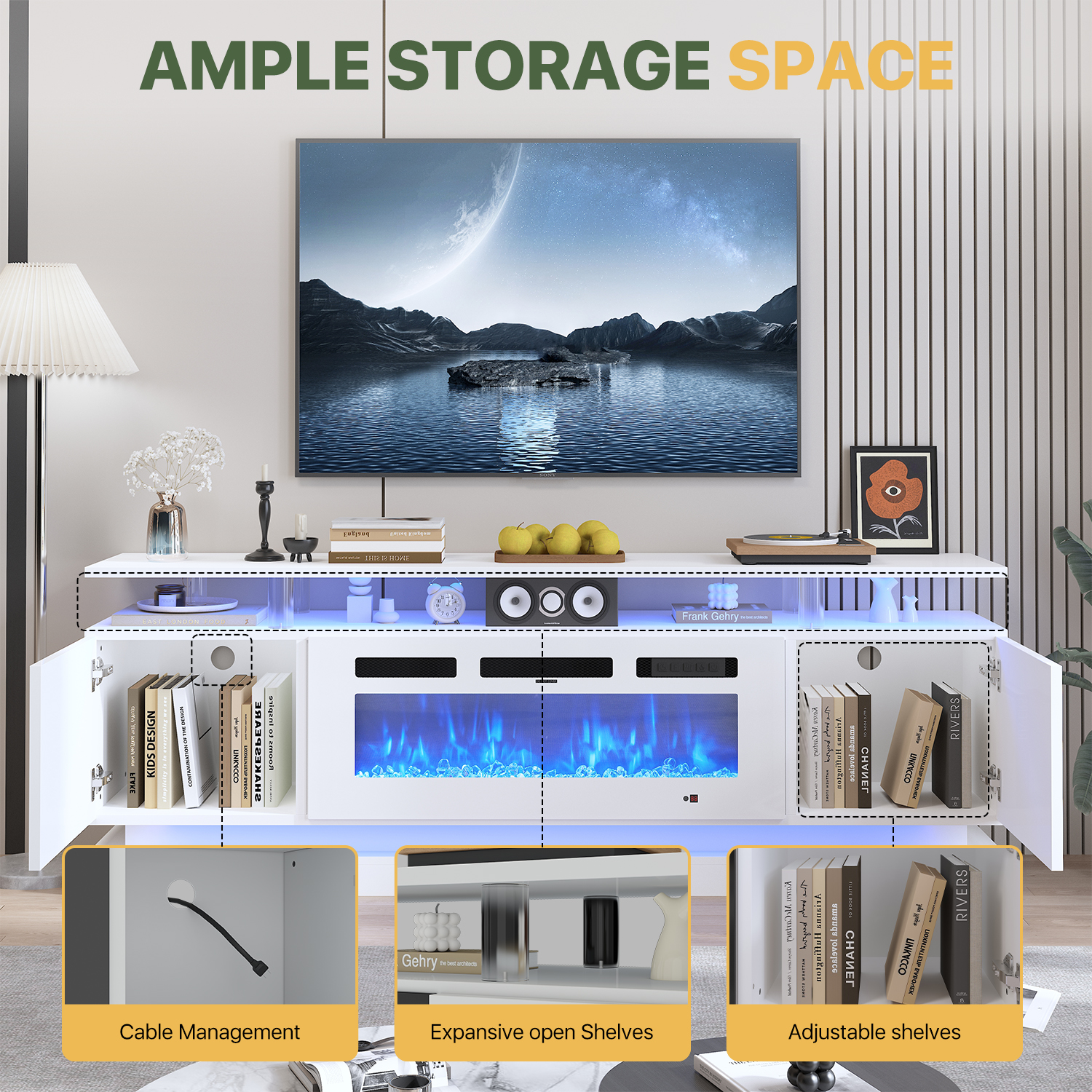 BaPiPro 70" Modern Electric Fireplace TV Stand for TVs Up to 80", Entertainment Center with Music Sync LED Lights & Storage Cabinets, Media Console for Living Room, White