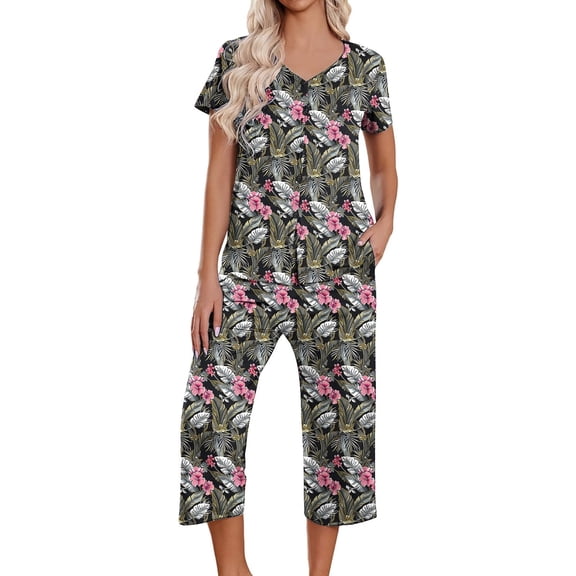 felwors Women's Pajama Set Short Sleeve Shirt and Capri Pants Sleepwear Pjs Sets with Pockets Dark Gray, L
