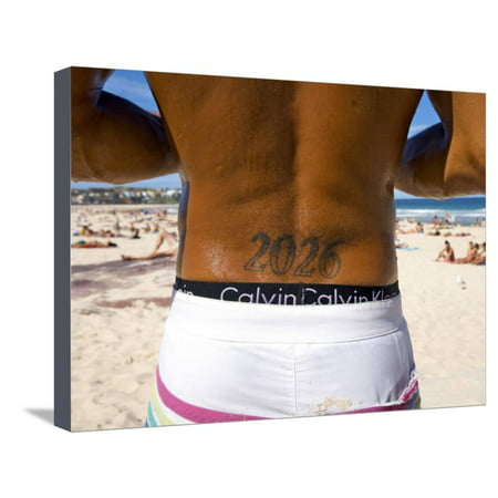 Man with Bondi Post Code Tattooed on His Back Standing on Bondi Beach Stretched Canvas Print Wall Art By Oliver