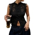 thumbnail image 3 of Women's Lace Mandarin Collar Guipure Split Tank Top Sleeveless Shirt Blouses Black S, 3 of 7