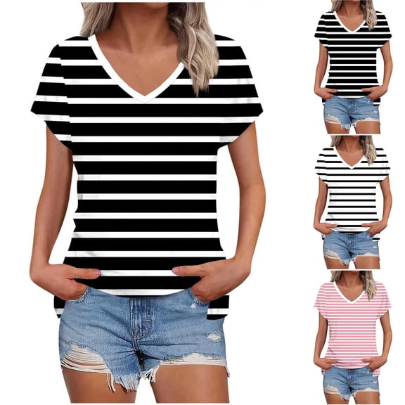 Fengqque Womens Basic T Shirts Summer Tops V Neck Short Sleeve Striped Print Casual Shirts Tee Trendy Basics V Neck Tshirt Women's Tops White XL(XL)