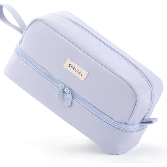 Large Capacity Canvas Pencil Case with 2 Compartments, Pink Pen Pouch with Handle, Stationery Organizer Bag, 9x3.9x4.5 Inch-blue-