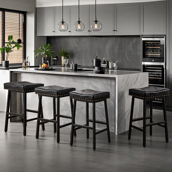 VECELO Backless Bar Stools Set of 4, Upholstered and Curved Saddle Stools with Metal Legs, Counter Height Barstools for Kitchen Island, Dining Room, Black