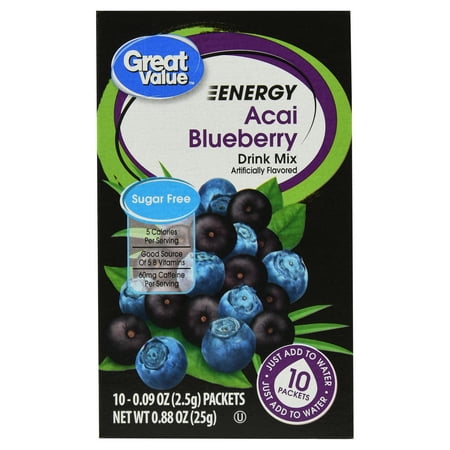 (12 Pack) Great Value Energy Drink Mix, Acai Blueberry, Sugar-Free, 0.88 oz, 10 (Best Energy Drink Powder)