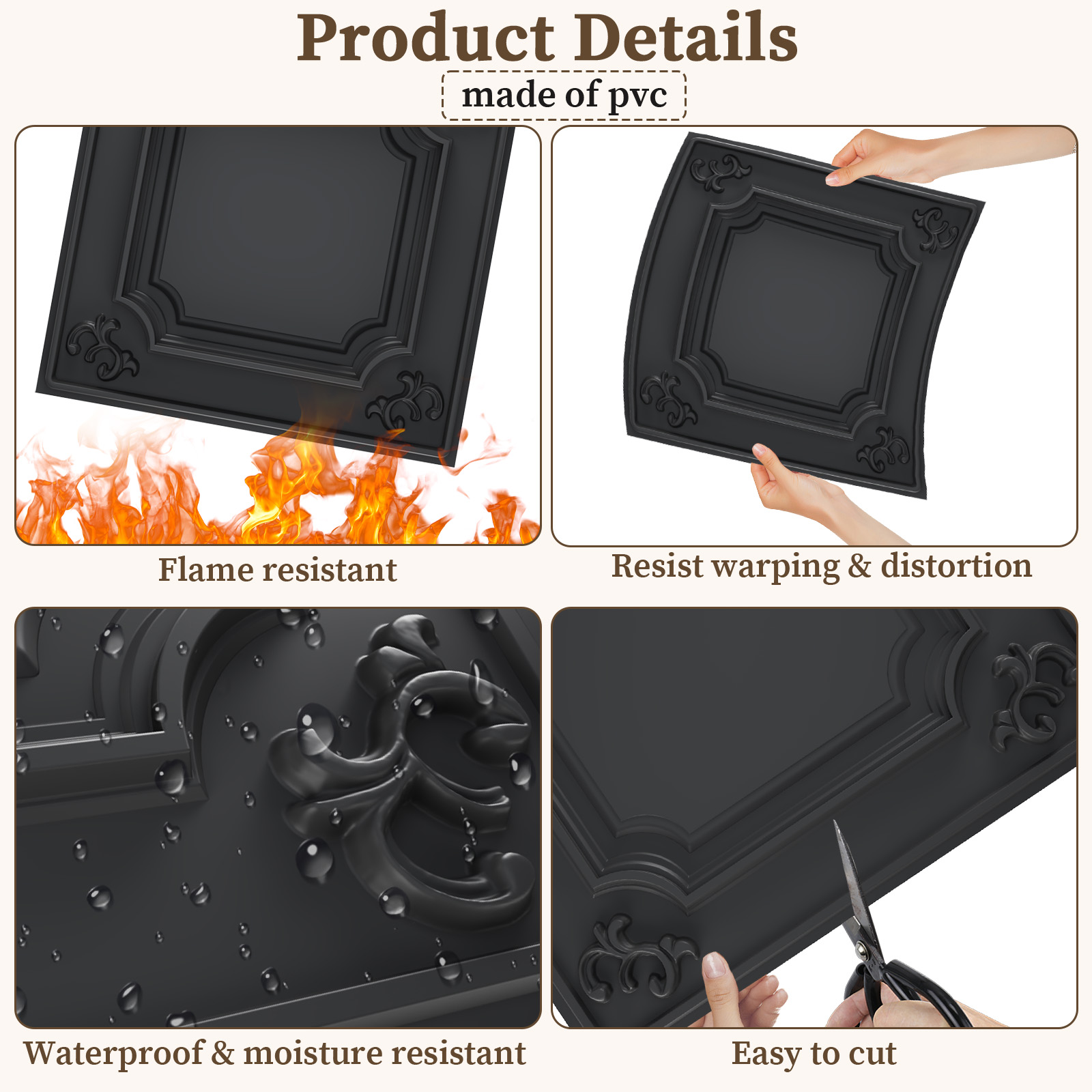 LooYee 24 Pack Black Ceiling Tiles 24x24 Inch, French Style 3D Decorative Ceiling Panels 2x2Ft PVC Waterproof Washable Plastic Material, Cover 96 Sq.Ft