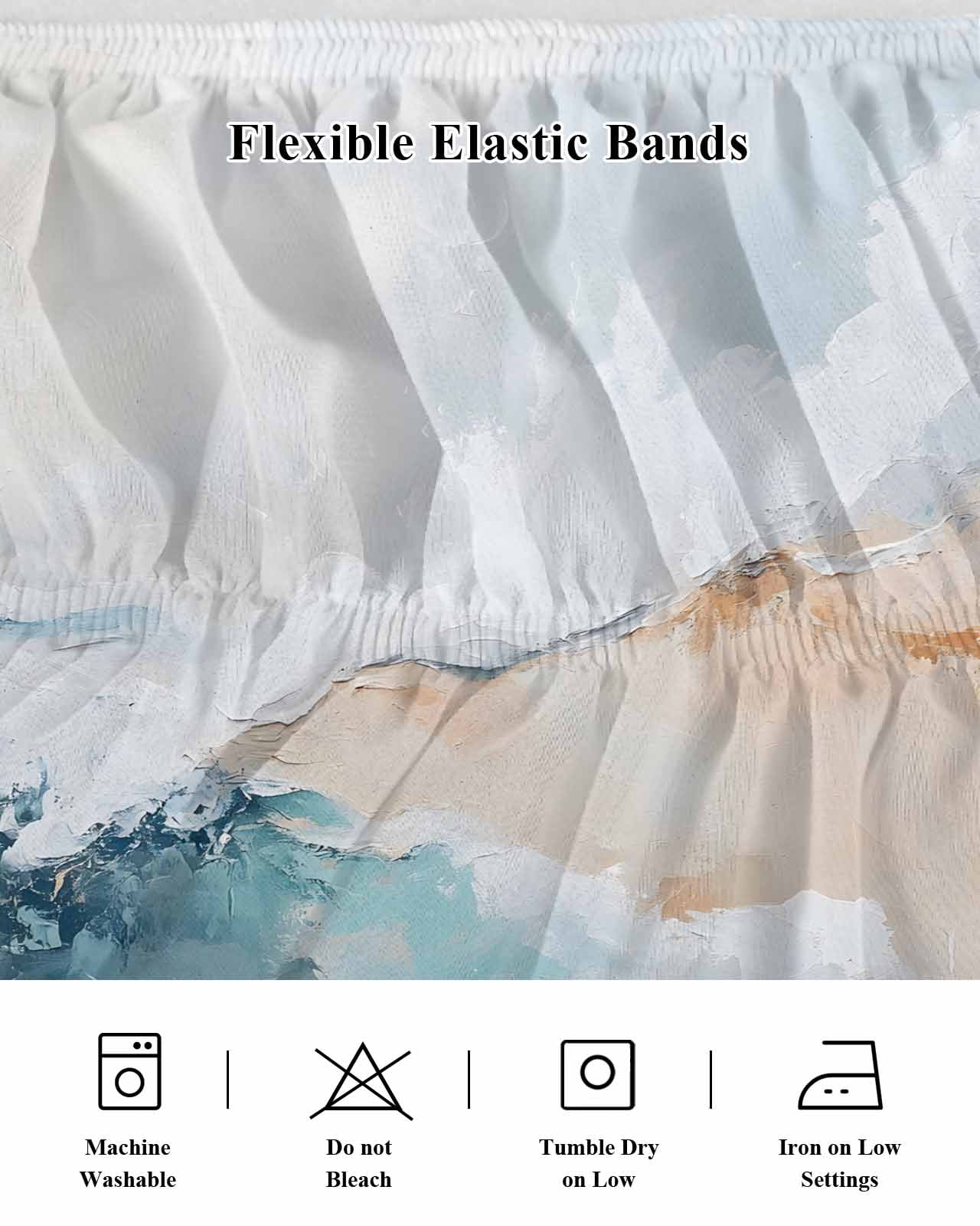 Teal Beige Wrap Around Bed Skirts for Queen Bed 16" Drop, Bed Skirt with Adjustable Elastic Belt Dust Ruffle Bed Valance for Bedroom Hotel Luxury Modern Oil Painting Art Coastal Bed Frame Cover