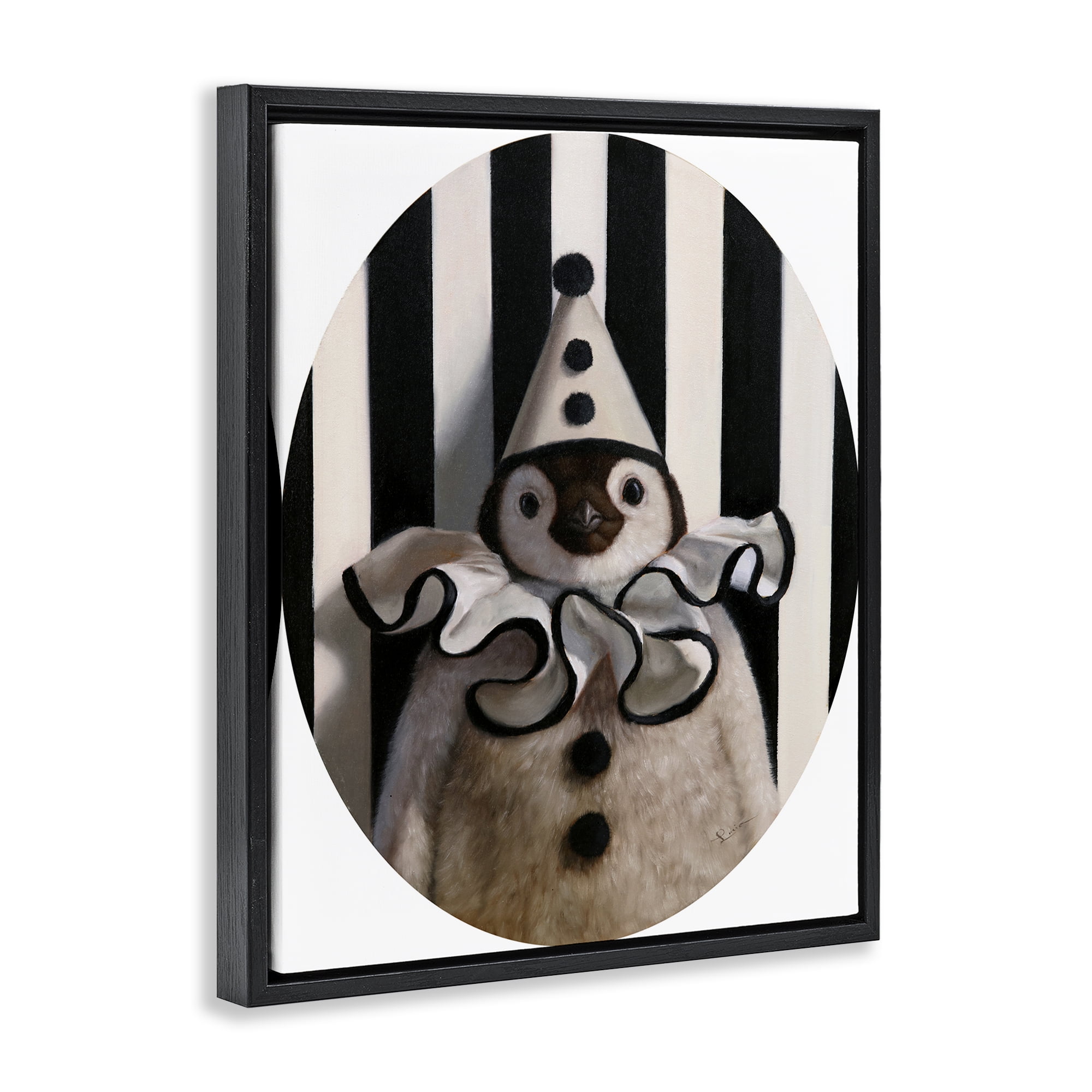 Stupell Industries Clown Themed Penguin Animals Painting Black Floater Framed Canvas Art Print Wall Art, 25 x 31