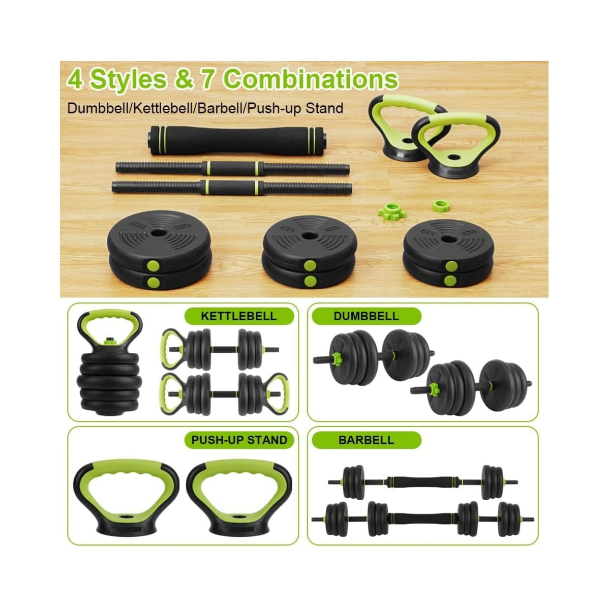 Adjustable Dumbbell Set, 4 in 1 Adjustable Kettlebell Set,44lbs/66lbs/88lbs Weight Set Used as Kettlebells, Barbell, Push up Stand for Home Gym,Green and Black,Round Head
