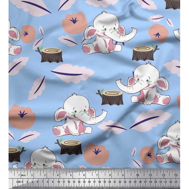 Soimoi Polyester Crepe Fabric Leaves,Tree Stump & Baby Elephant Kids Printed Fabric 1 Yard 42 Inch Wide
