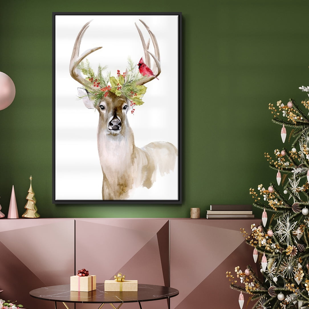 Holiday Deer I - Framed Gallery Wrapped Holiday Canvas - 17 x 25 - Black Frame
