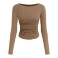 thumbnail image 4 of Kureaily Women Long Sleeve Shirts Fall Ruched Sides Boat Neck Basic Tee Casual Fitted Ribbed Knit Crop Tops Basic Summer Tees, 4 of 5