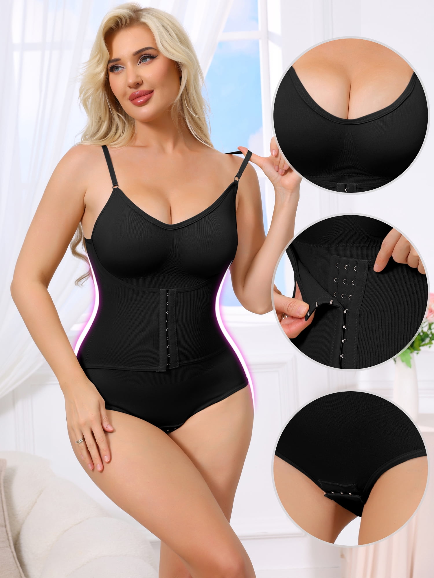 DARING DIVA Women's V Neck Push Up Butt Lifting Front Hook Bodysuit XL Black