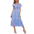 thumbnail image 2 of SAYOO - Vestido de gasa de manga corta para mujer, informal, con flores, cuello en V, cintura alta, línea A, de longitud media SAYOO Moda, 2 of 9