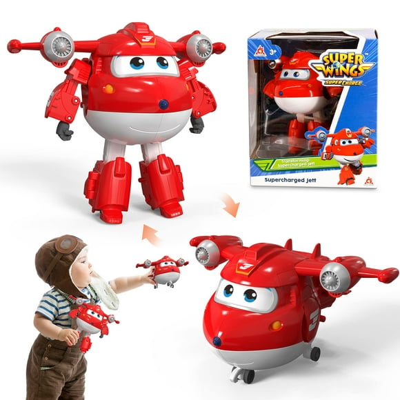 Super Wings 5 Transforming Supercharged Jett Airplane Toys, Action Figure, Airplane to Robot, Season 4 Transformer Toys, gifts for 3+ Year Old Kids, Toys Plane Vehicle for Preschool Kids Pla