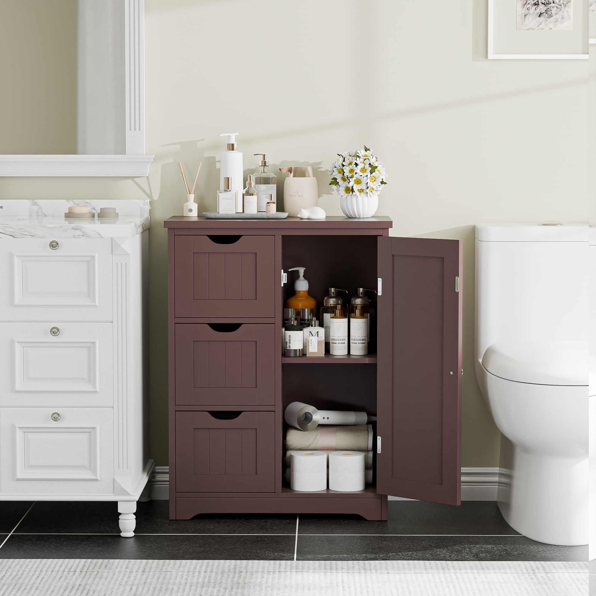 HomGarden 31.5-in Bathroom Floor Cabinet Freestanding Storage Organizer W/ 3 Drawers & Adjustable Shelf for Living Room, Entryway, Brown