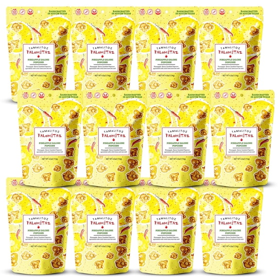 Tamalitoz Palomitaz Gourmet Popcorn Pineapple Popcorn – Sweet & Spicy Mexican-Style Kettle Corn with Pineapple, Chili, Lime & Sea Salt – Handcrafted Snack – Gluten-Free, Vegan – 12 Bags (4oz Each)