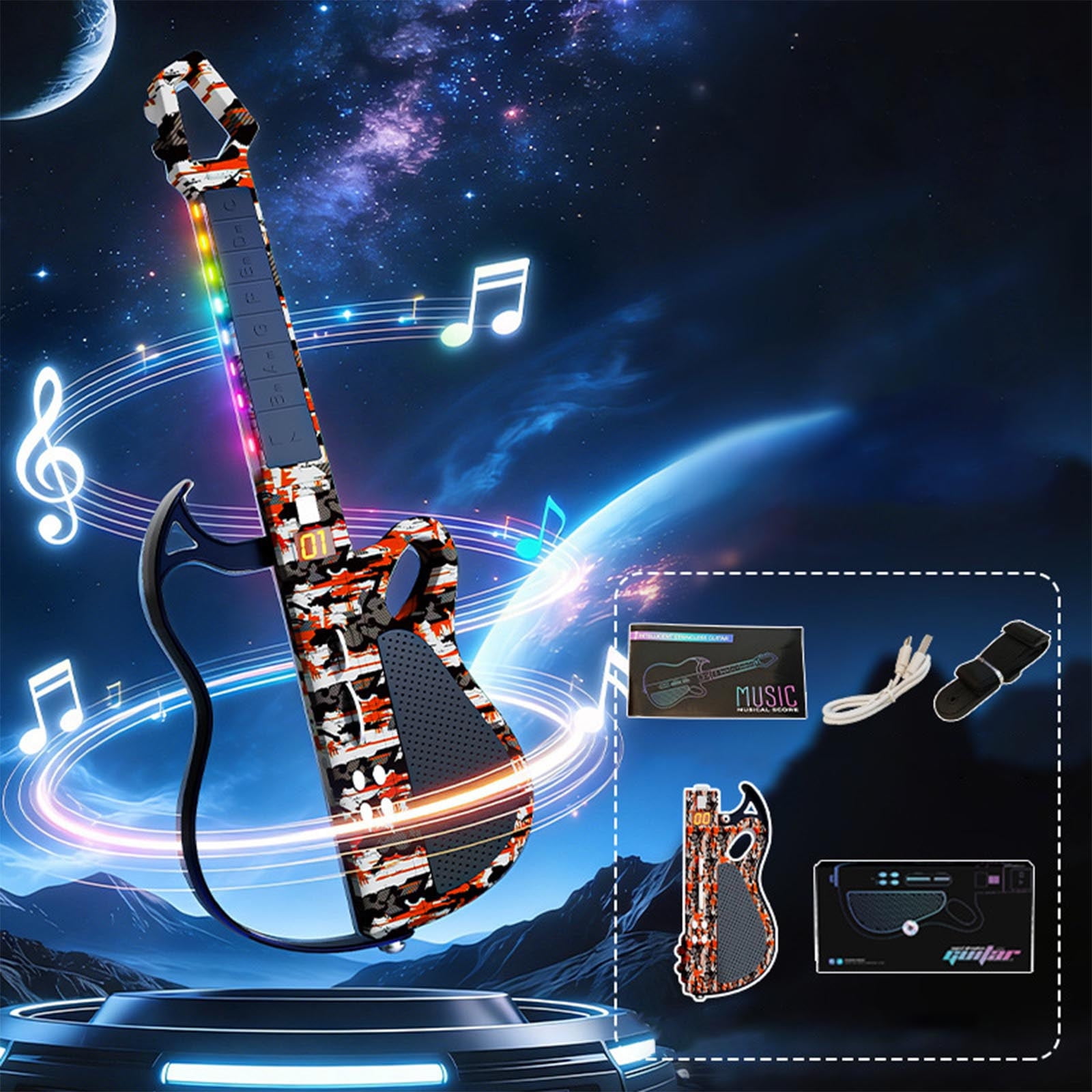 Eespoir Smart Bluetooth Electronic Guitar For Kids, No Strings Foldable Guitar Toy, Auto-Play One-Man Band Mode For Beginners, Portable Music Gift, Educational(Red)