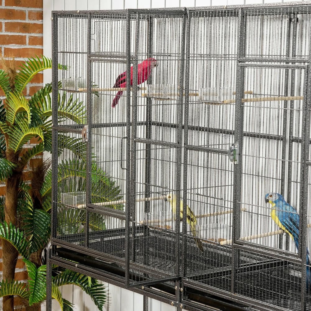 Spaco Rolling 65"L Bird Cage w/ Storage Shelf Wood Perch Food Container, Bird Cage with Large Front Doors, Black