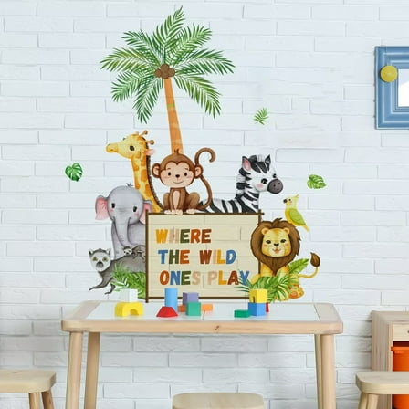 Jungle Animals Wall Decals Playroom Wall Stickers Where The Wild Ones Play Elephant Giraffe Lion Monkey Wall Decor for Kids Class Room Bedroom Baby Nursery Door Decor