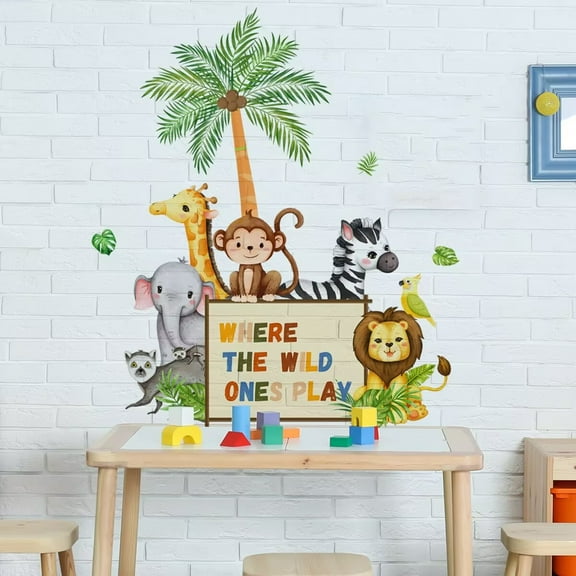 Jungle Animals Wall Decals Playroom Wall Stickers Where The Wild Ones Play Elephant Giraffe Lion Monkey Wall Decor for Kids Class Room Bedroom Baby Nursery Door Decor