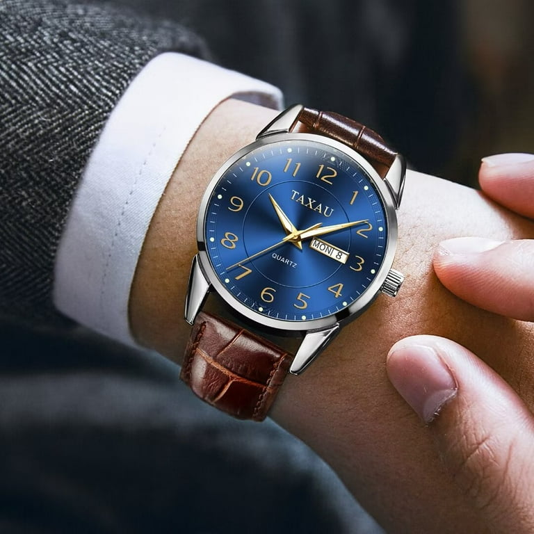 TAXAU Mens Brown Watches Brown Leather Strap Watch For Men Fashion Blue Dial Watches Men Calendar Watches Mens Analog Quartz Watches Waterproof