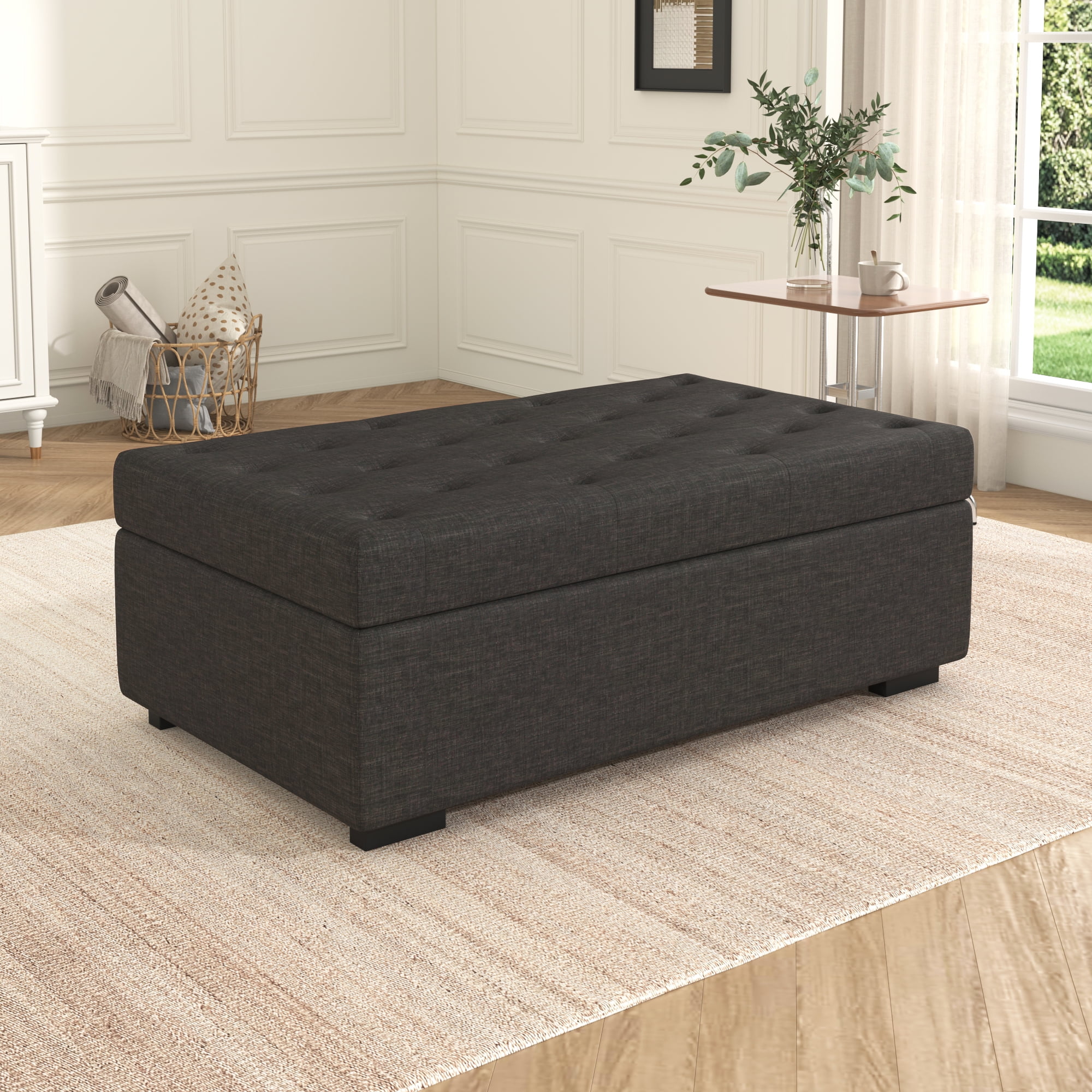 Euroco Convertible Ottoman Sleeper Bed with Memory Foam Mattress, Folding Twin Bed for Guests, Tufted Linen Upholstery, Iron Frame, Space-Saving Sofa Bed