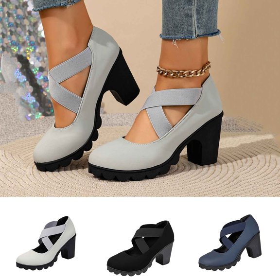 Women’s Cross Elastic Strap Mary Jane Heels, Round Toe Thick Block Heel Platform Pumps, Slip On Crisscross Strap Dress Shoes Gray 9.5(43)