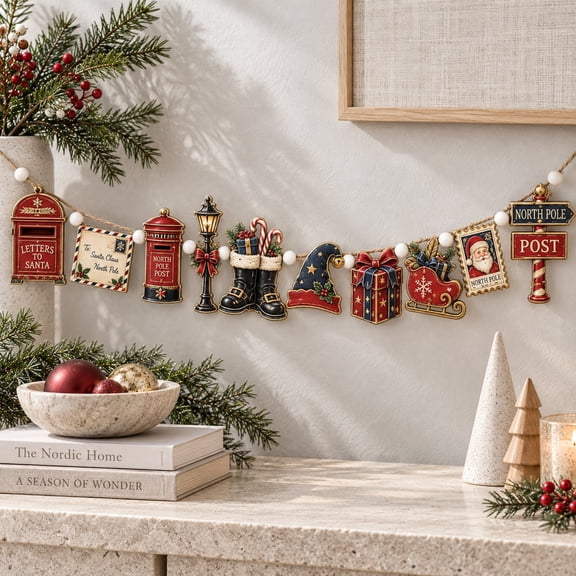Christmas Wooden Garland, Santa North Pole Garland, Holiday Mantel Decor, Rustic Christmas Fireplace Garland, Winter Home Decor, Xmas Gift