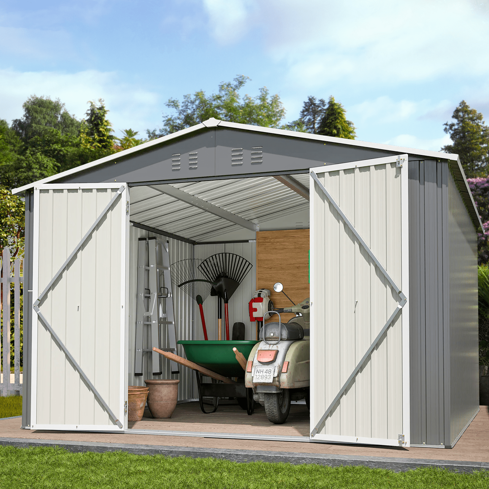 10 x 10 FT Outdoor Storage Shed, Large Metal Tool Sheds with Updated Frame Structure and Lockable Doors, Garden Shed for Backyard Garden Patio Lawn, Grey