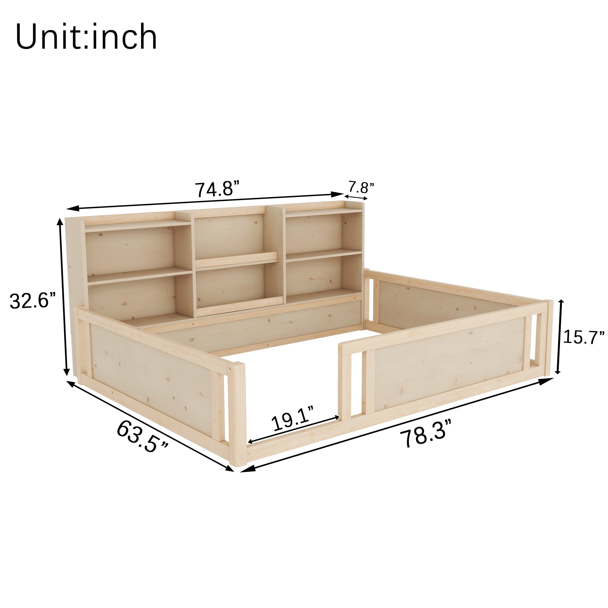Mintazer Full Size Montessori Floor Bed with Bookcase Headboard & Guardrails, Kids Platform Bed Frame with 6 Cubby Storage Shelves for Bedroom, Natural