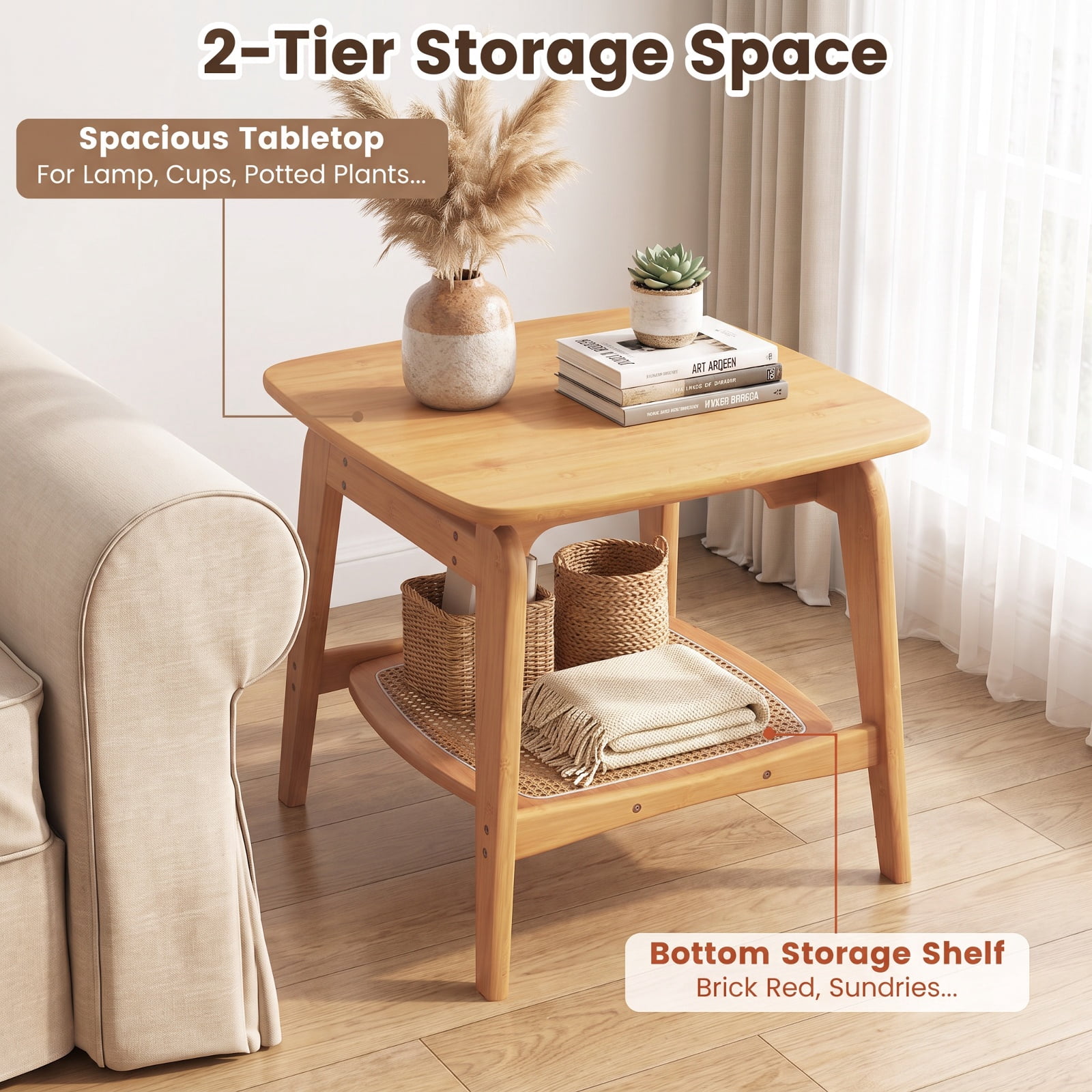 Furnibear Boho Bamboo Sofa Side Table with Faux Rattan Storage Shelf and Curved Frame for Living Room Bedroom and Study, Natural