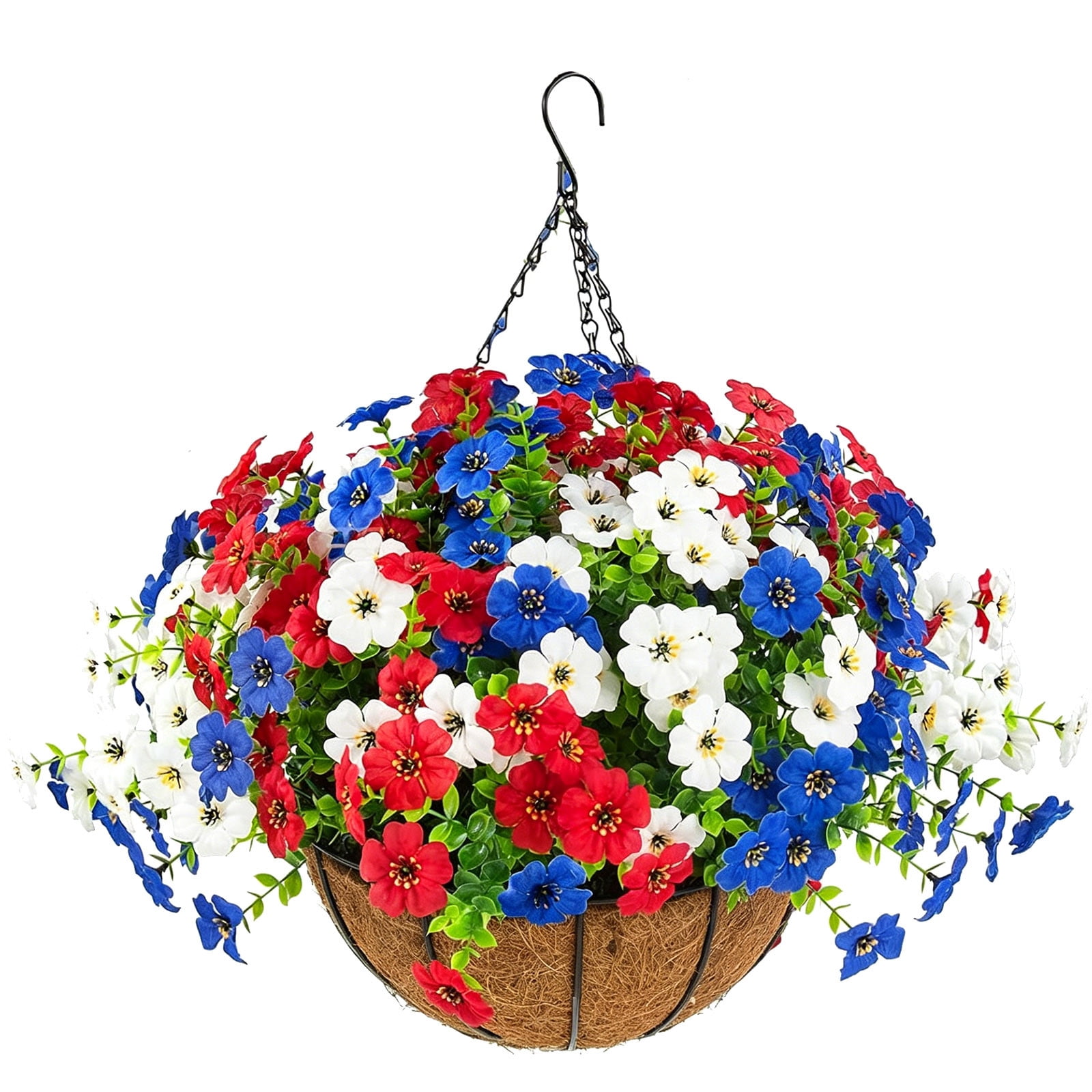 LNOGEUPG Independence Day Artificial Outdoor Flowers with Hanging Basket, 1 Hanging Planters with 12 Pcs Patriotic Flowers for Summer Front Porch Patio 4th of July Decor (Red, White, Blue)