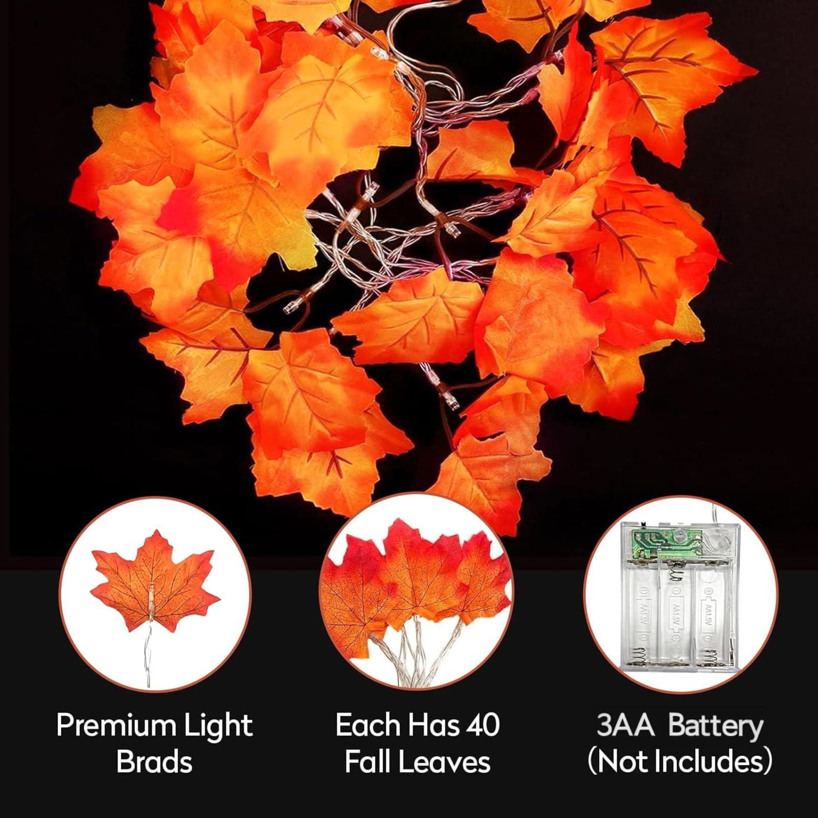 4 Packs Fall Decor Maple Leaves String Lights, Waterproof Total 40Ft 80 LED, Battery Operated String Light for Home Mantel Porch Door Indoor Outdoor Halloween Thanksgiving Decor Christmas Decorations