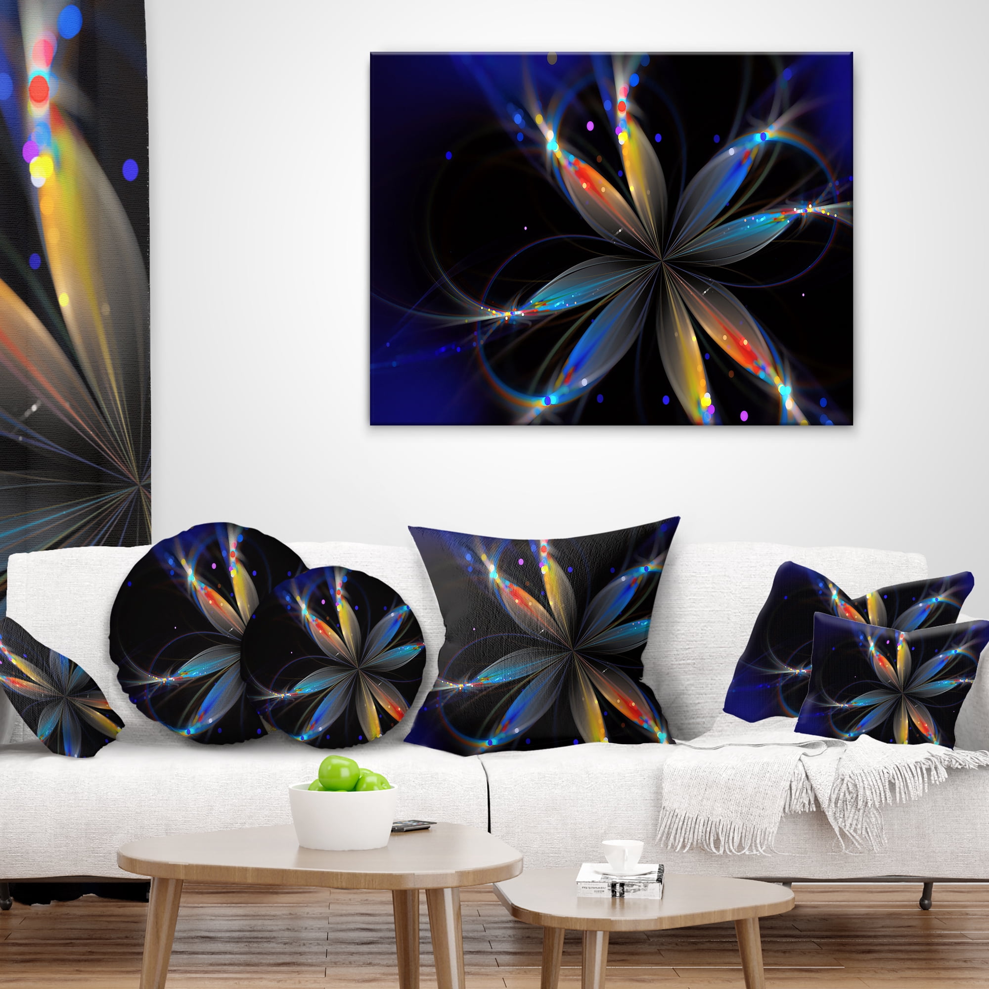 Designart Abstract Fractal Flower on Black - Floral Throw Pillow - 18x18