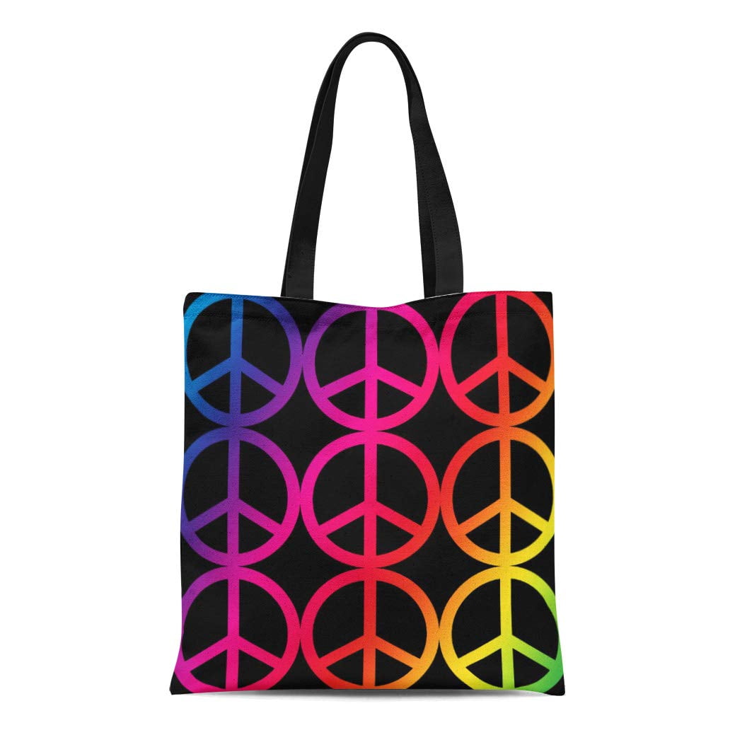 SIDONKU Canvas Tote Bag Cute Rainbow Peace Sign Cool Girly Hippie Love