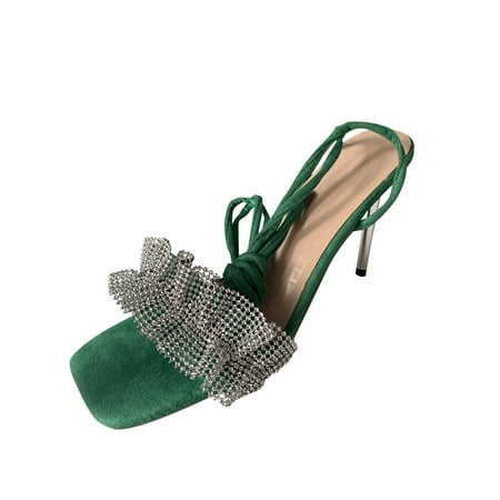 

QISIWOLE Sandals Women Summer High Heels Women s New Heel Strap Banquet Rhinestone Open Toe Sandals