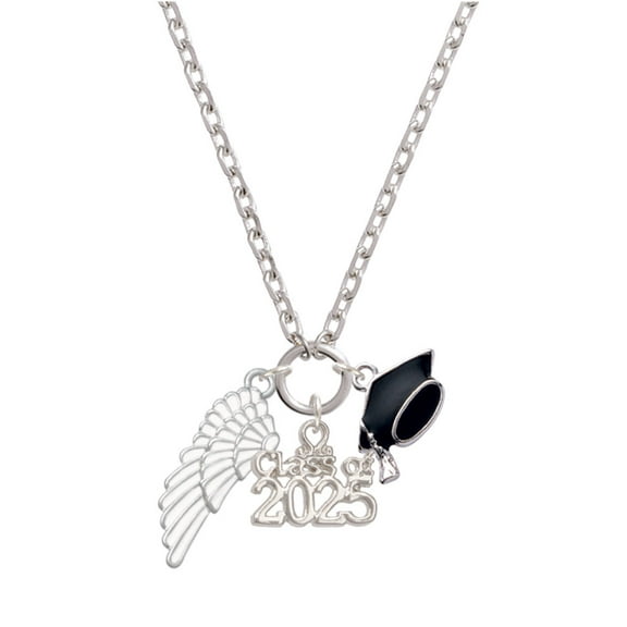 Delight Jewelry Silver-tone Large White Enamel Angel Wing - Silver-tone Class of 2025 Graduation Zoey Necklace, 28"
