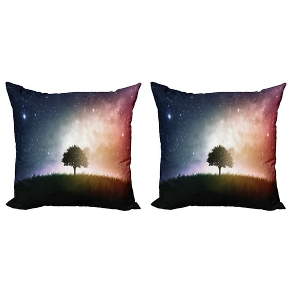 Ambesonne Space Throw Pillow Cover 2 Pack, Tree in Field with Stars, 20", Magenta and Blue