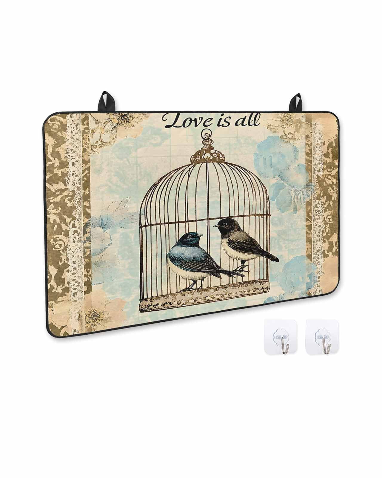 nqOlkjepod Large Induction Cooktop Protector Mat 36"x21", Retro Birds Cage Stove Top Covers for Electric Stove, Watercolor Floral Pattern Decorative Stove Burner Cover Mats, Glass Top Stove Cover