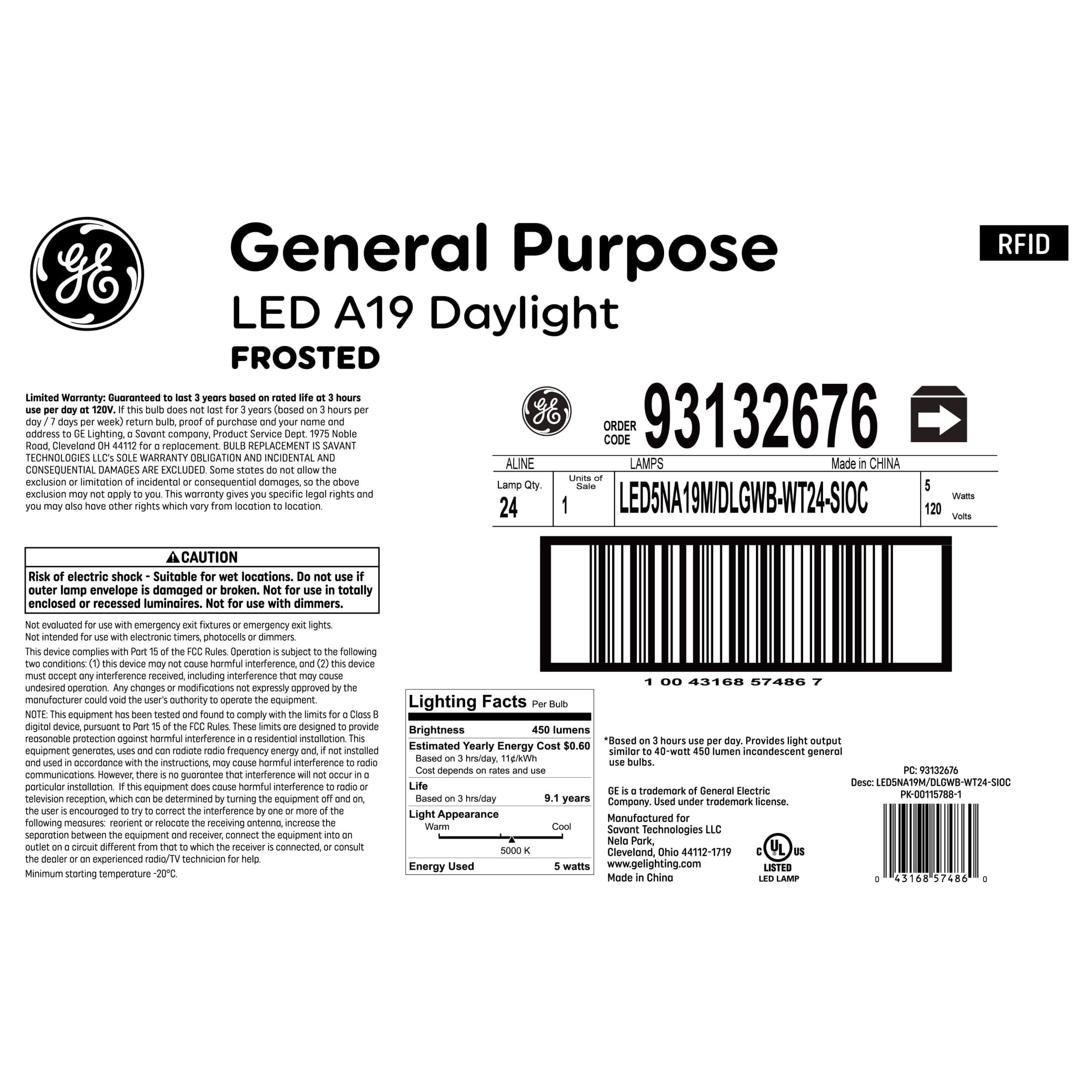 GE General Purpose LED 40 Watt Replacement, Daylight, A19 Frosted Bulbs (24 Pack)