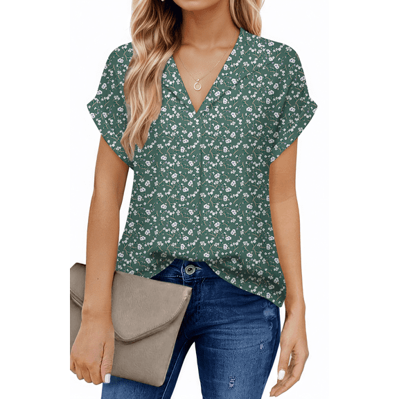 UVN Blouses for Women Summer Short Sleeve Work Shirts Dressy Casual V Neck Print Tops