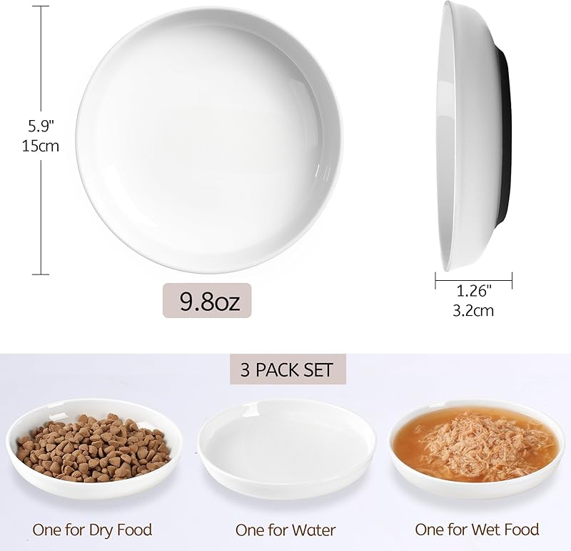 No Spill Cat Bowls,Cat Food Bowl,Anti Whisker Fatigue Healthy Ceramic Cats Dishes Set for Indoor Cats,Shallow Wide Kitten Plates for Food and Water,Non-Slip Silicone Bottom,3 Pack