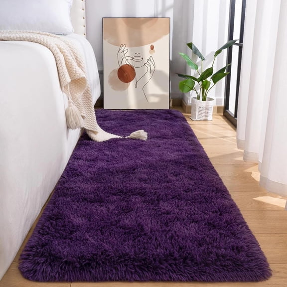 Dark Purple Shag Area Rugs, 2x6 Feet Fluffy Runner Rug for Bedroom Living Room,