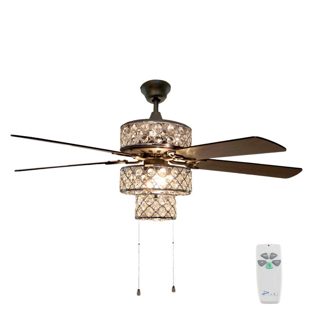 Silver Ceiling Fan Triple-Tiered Clear Crystals River of Goods 52 in 